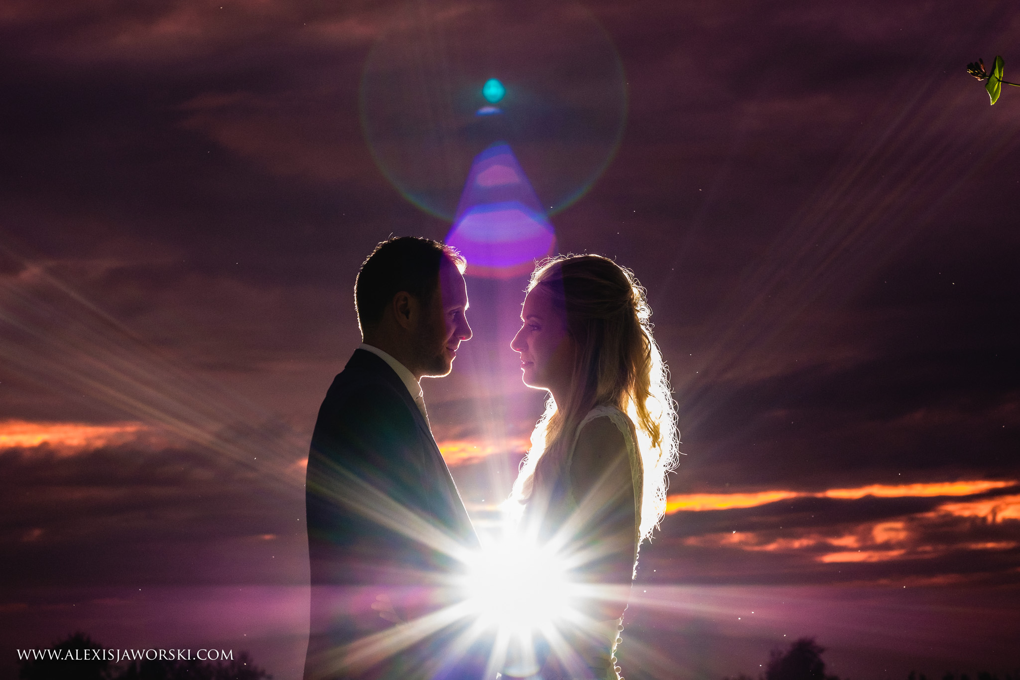Night portrait of bride and groom