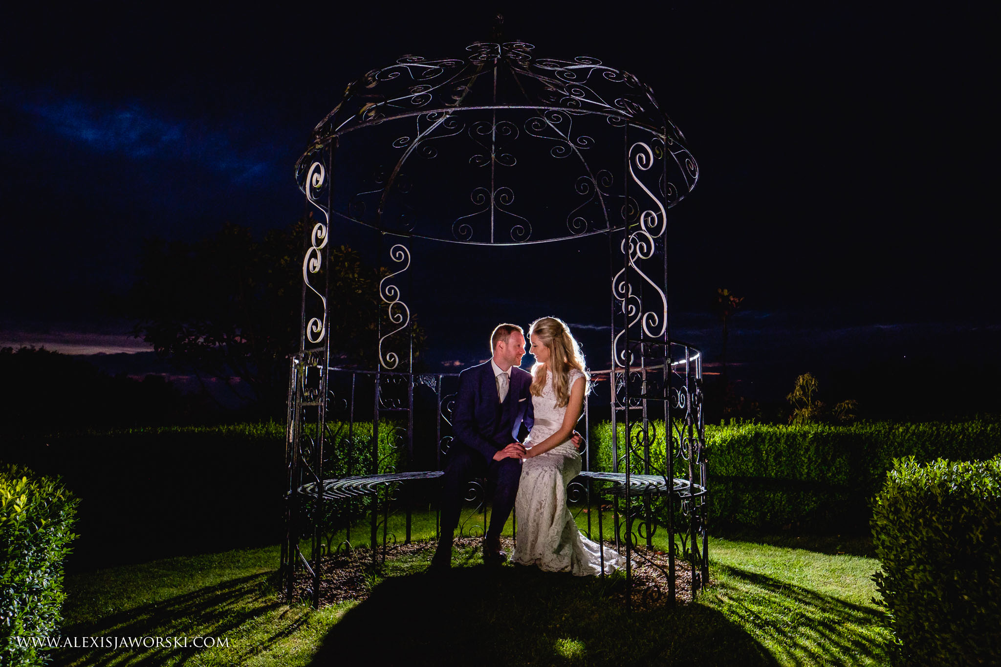 Night portrait of bride and groom