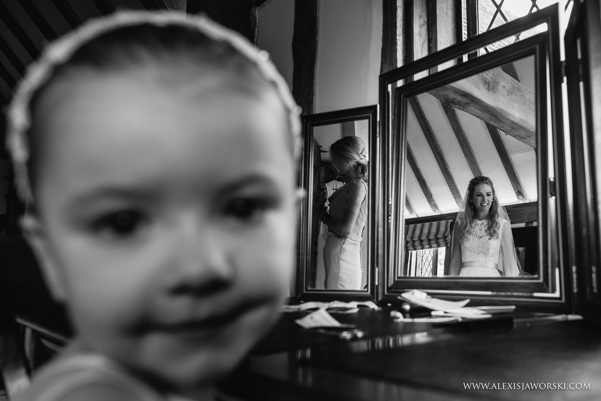 bride reflected in mirror