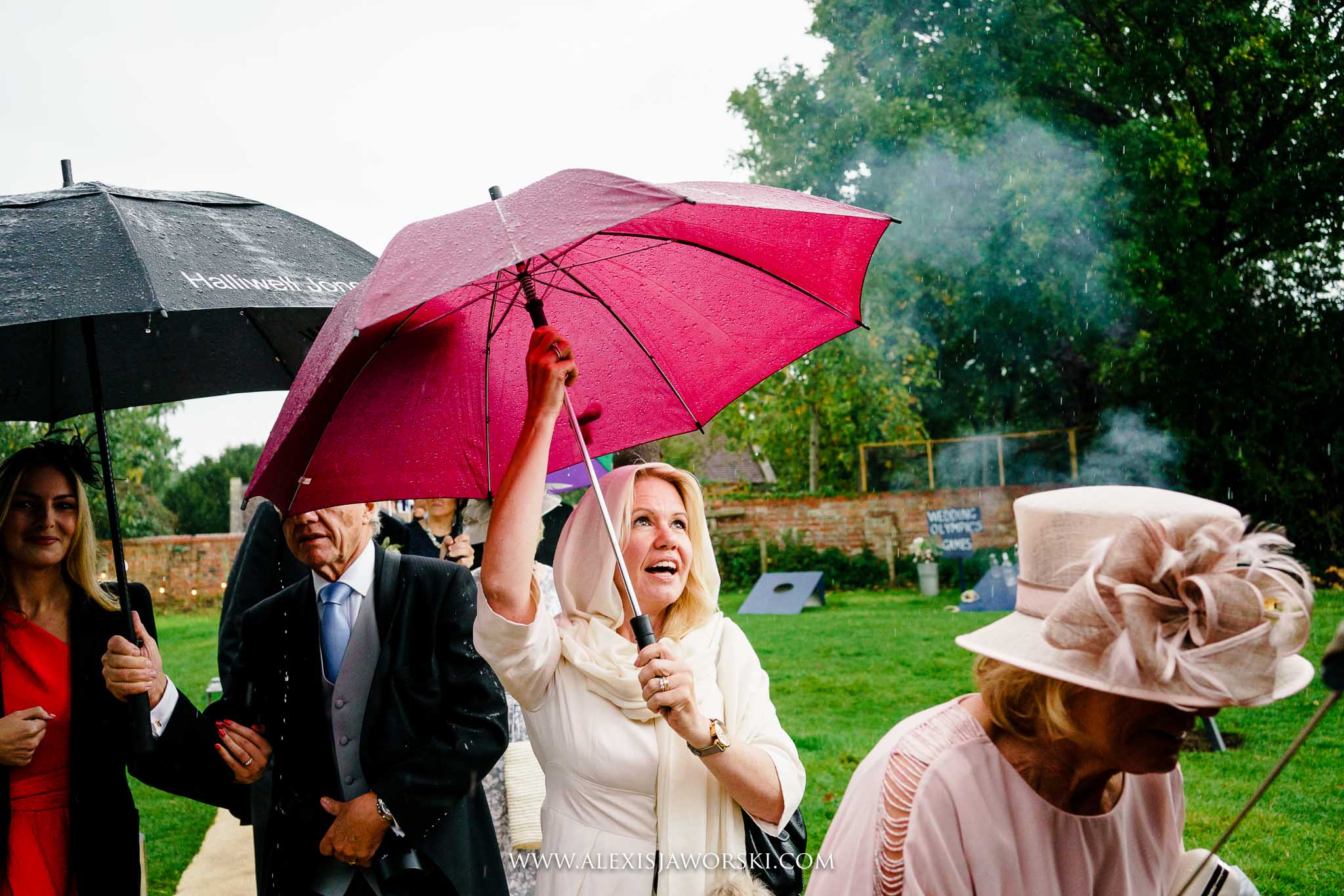 guests arriving in the rain